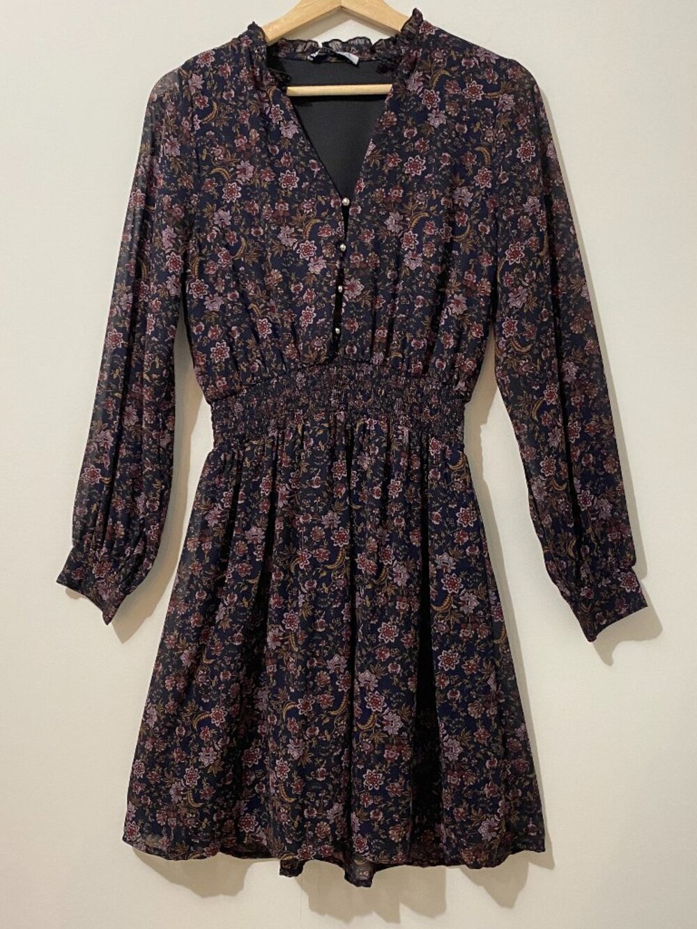 Dark Floral Longsleeve Mini Dress Buttons Fall Dark Academia Cottagecore Prarie